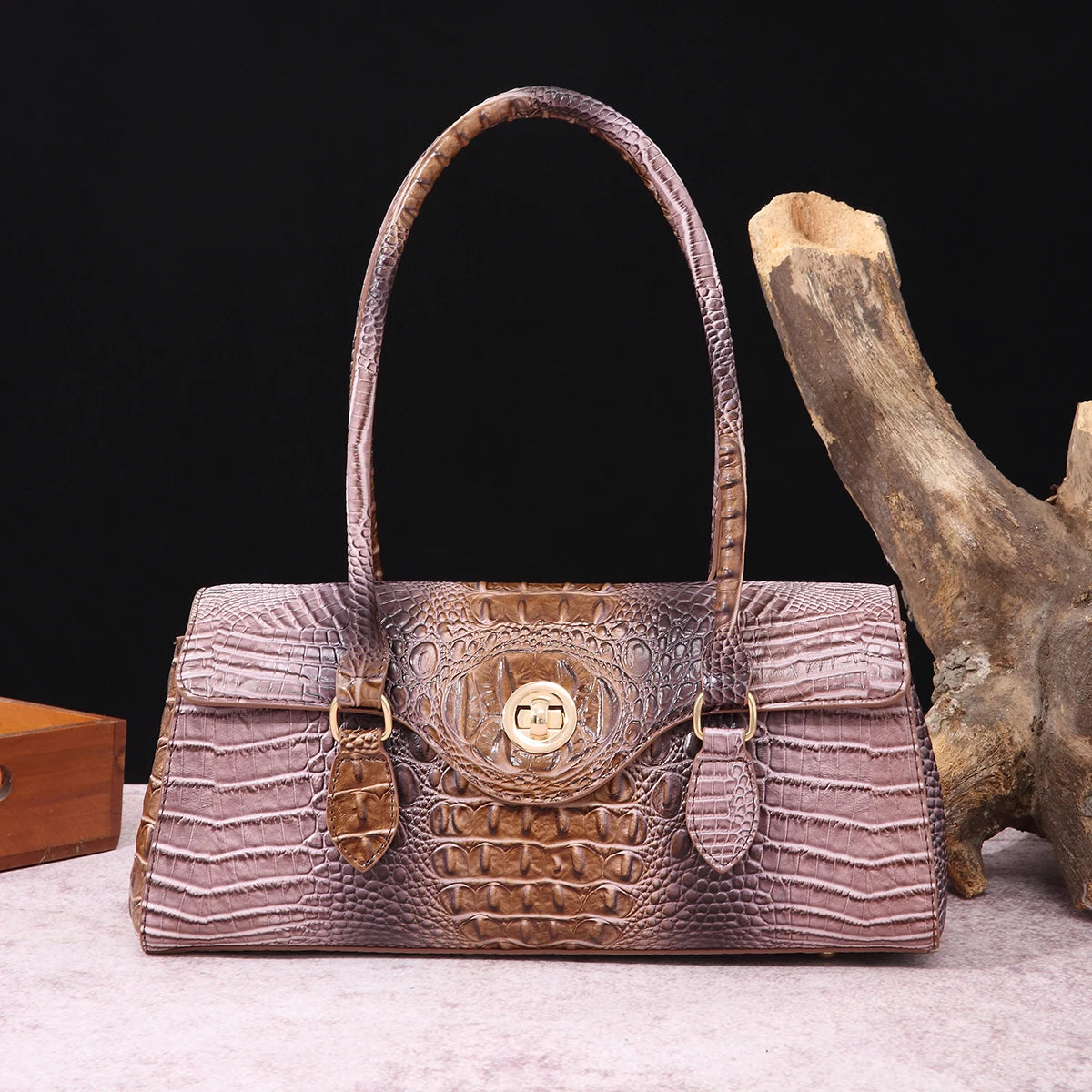 Multicolor Crocodile Pattern Fashion Handheld Stick Bag Large Capacity One Shoulder Underarm Bag Women's Luxury Handbag ShellTan