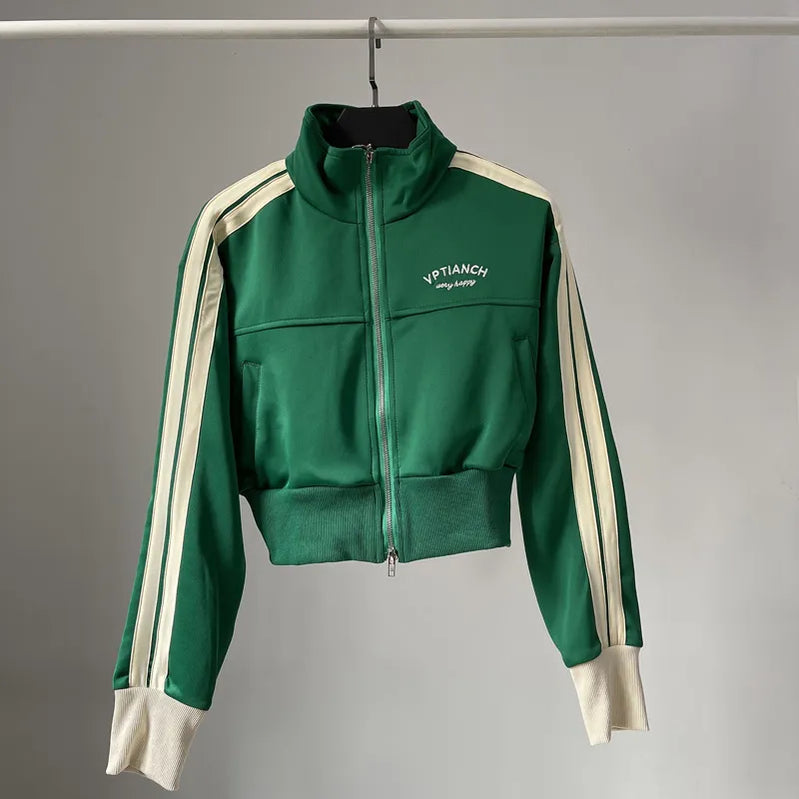 [YOZOU] Spring Double Zipper Baseball Cropped Jacket Women Outerwear Embroidered Striped Green Black White Blue Zip Up Coat green