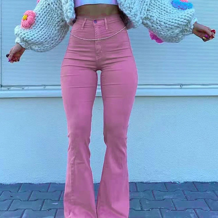 Streetwear Y2k Flared Jeans Women High Waist 90S Fashion Pink Stretch Baggy Mom Jeans Wide Leg Pants Elegant Denim Trousers 2023 Pink