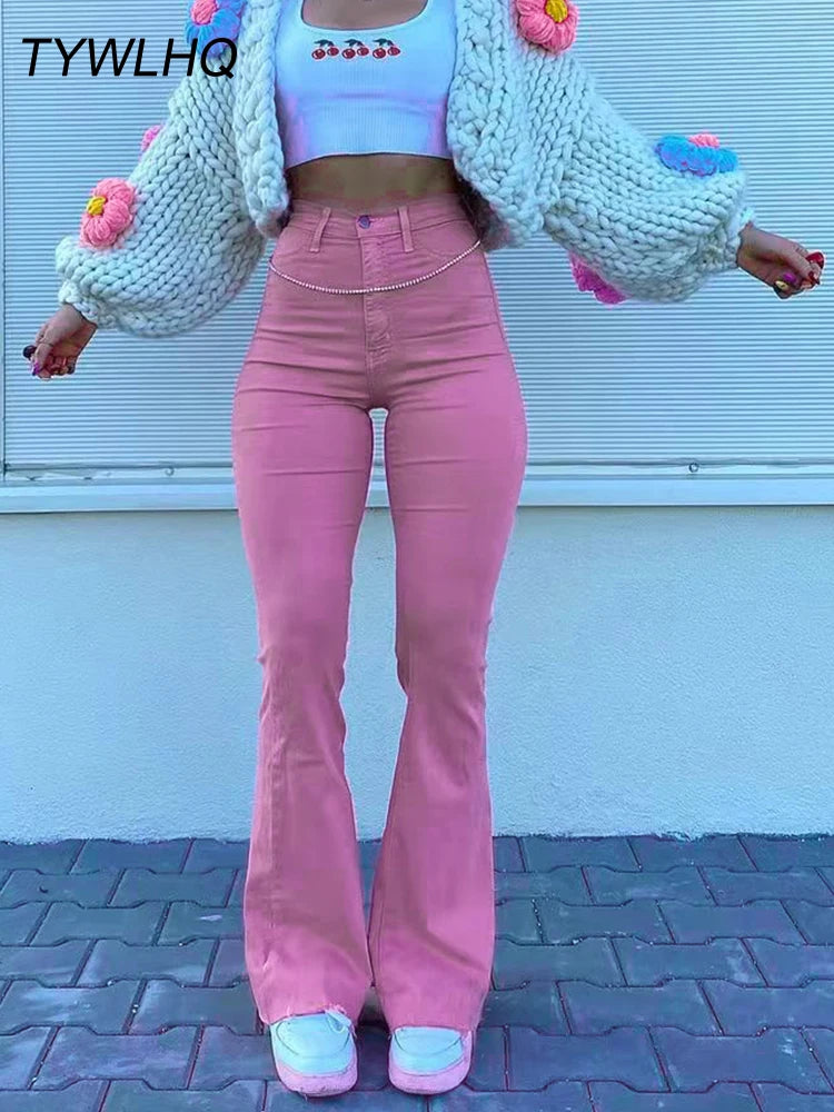 Streetwear Y2k Flared Jeans Women High Waist 90S Fashion Pink Stretch Baggy Mom Jeans Wide Leg Pants Elegant Denim Trousers 2023 Pink