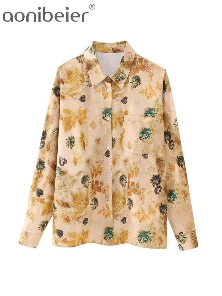 Aonibeier Thin Satin Printed Women Loose Shirt Suits Traf Summer Long Sleeve Casual Blouse Female Wide Pants Sets Y2K