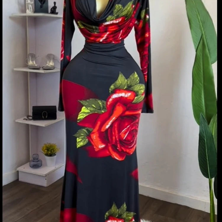 CM.YAYA Women Rose Printed Long Sleeve Pile Neck Bodycon Midi Maxi Long Dress 2025 Summer Birthday Vacation Sexy Party Dresses