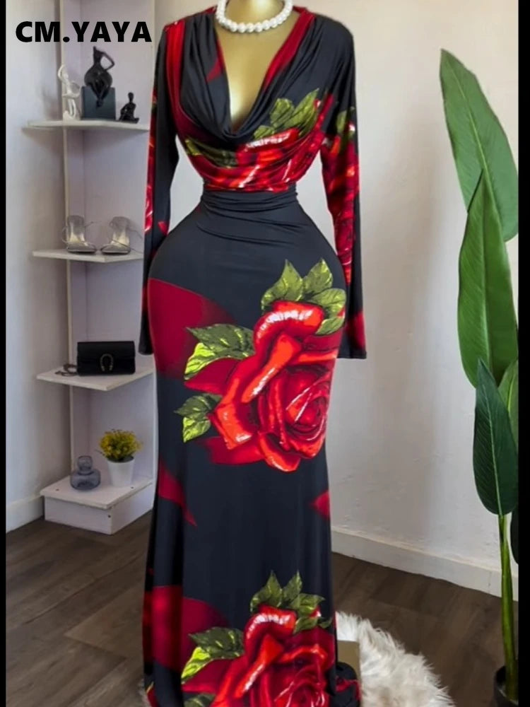 CM.YAYA Women Rose Printed Long Sleeve Pile Neck Bodycon Midi Maxi Long Dress 2025 Summer Birthday Vacation Sexy Party Dresses