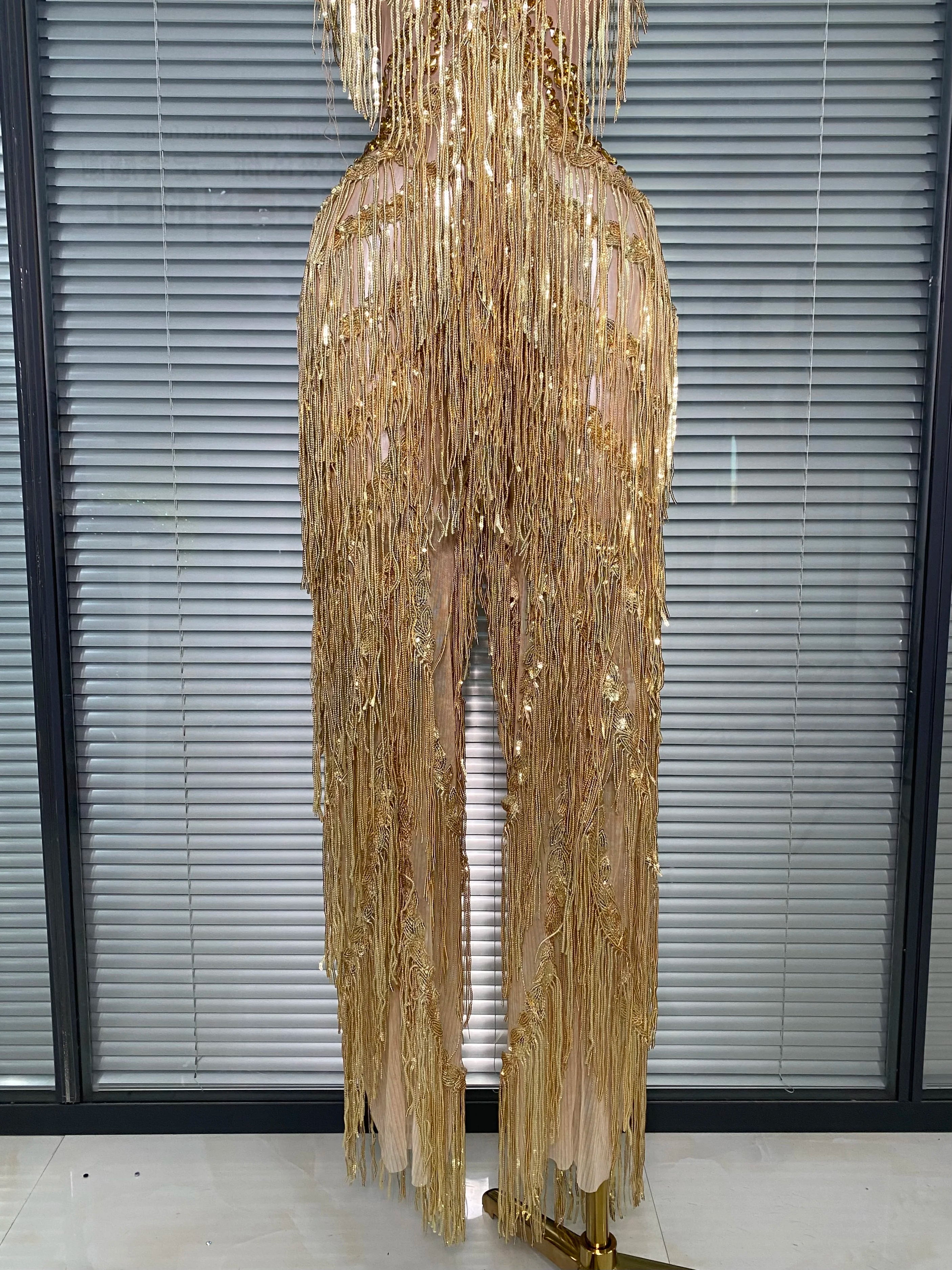 Brand New 2025 Women Sexy Gold Tassel Crystal Jumpsuit Celebrity Designer Stretchy Singer Dancer Stage Night Club Rompers