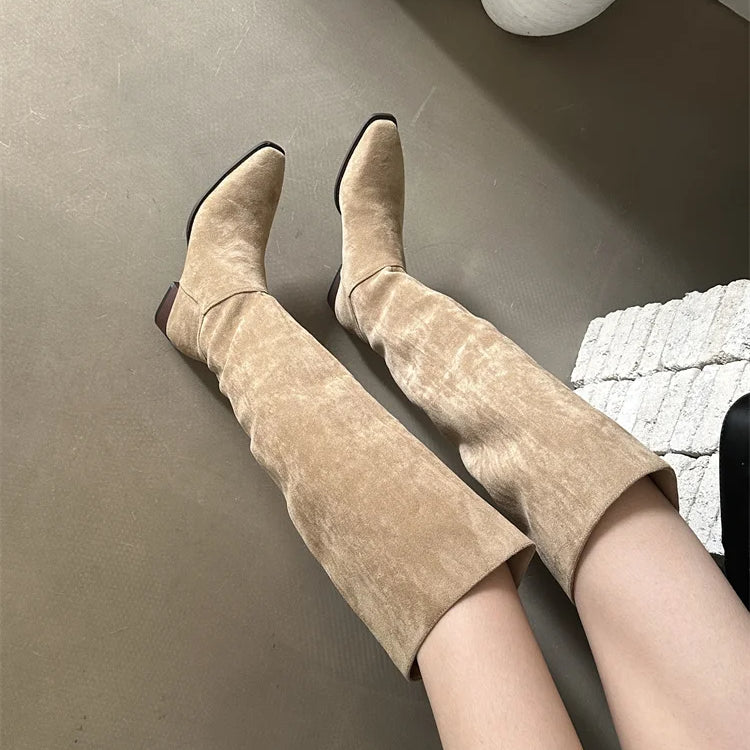 Low Heel Pleated Boots Autumn Winter New Square Head Knee Length Long Boots Suede Women's Shoes Black Beige Green Gray Beige