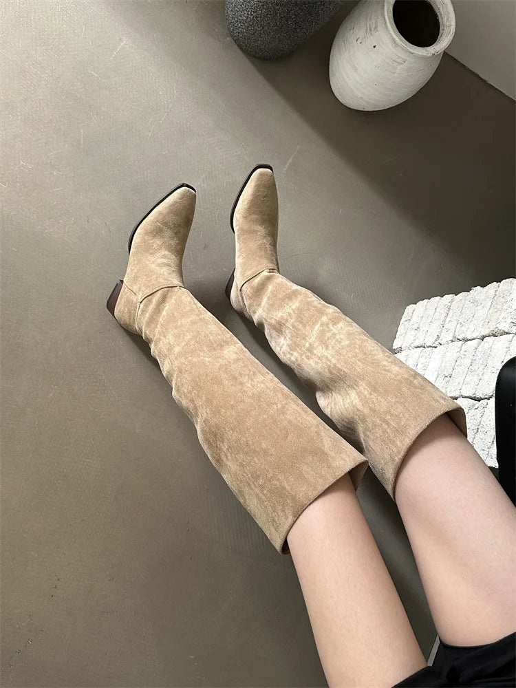 Low Heel Pleated Boots Autumn Winter New Square Head Knee Length Long Boots Suede Women's Shoes Black Beige Green Gray Beige