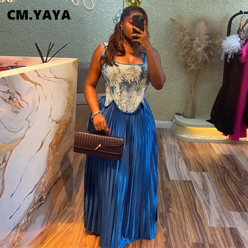 CM.YAYA Women's Set Floral Print Waist-cinching Vest +Pleated Long Skirts Suit 2025 Party Evening Street Two 2 Piece Set Outfit