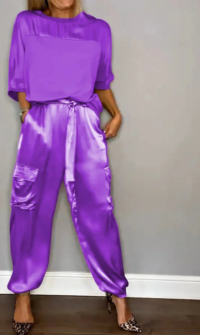 Summer Fashion Solid Satin Two Piece Set Women Round Neck Long Sleeved Top Long Pants Casual Loose Two Piece Set Women PURPLE