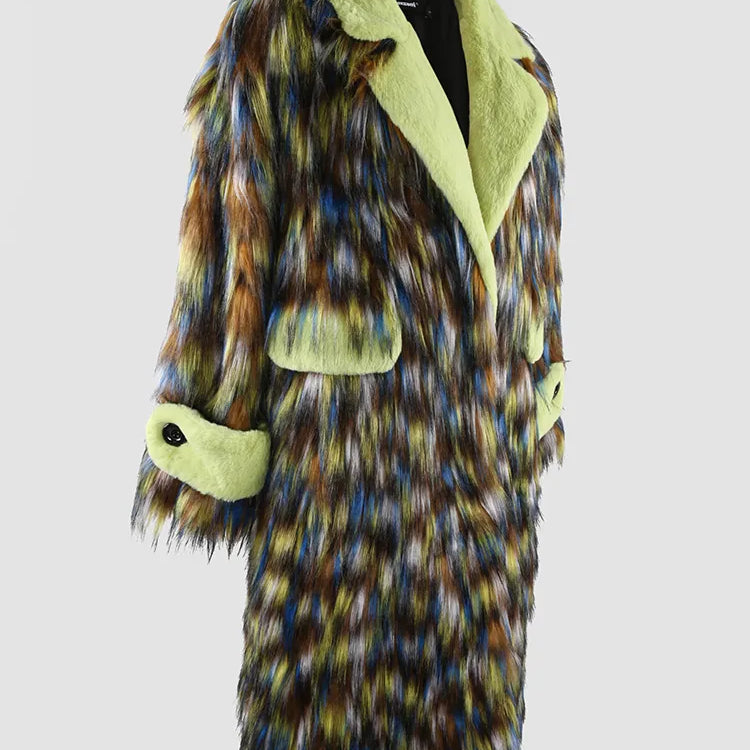 Winter Long Colorful Thick Warm Colorful Hairy Shaggy Patchwork Faux Fox Fur Coat Women Fluffy Furry Overcoat