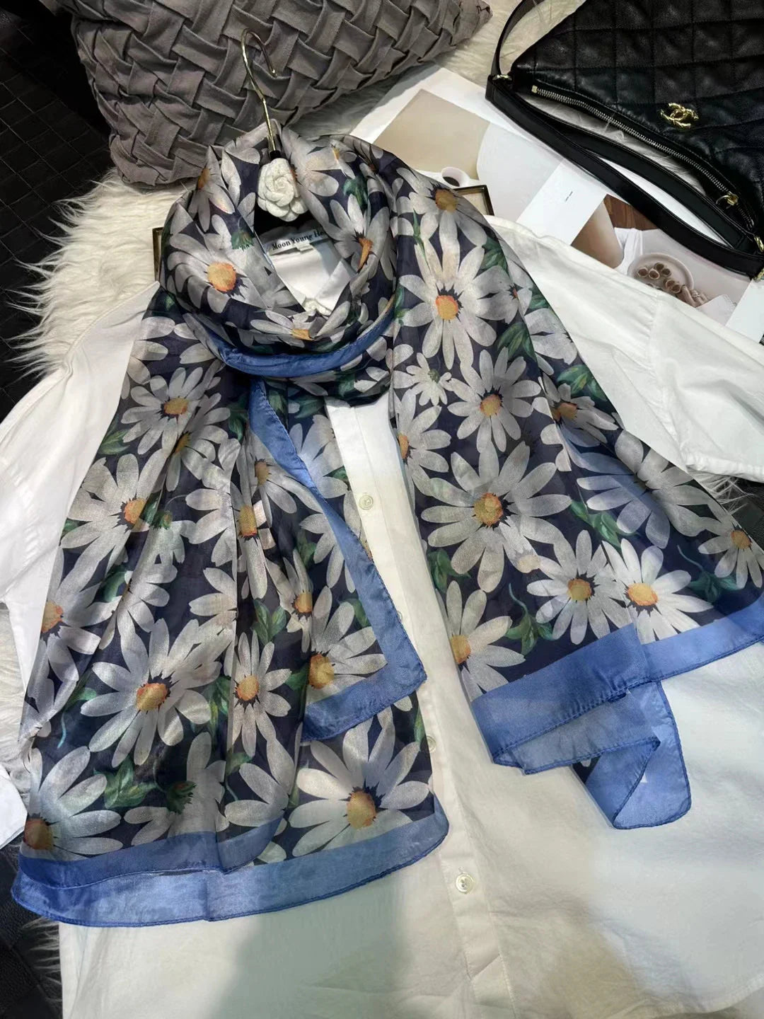 [BYSIFA] Ultralarge Spring Autumn Silk Scarf Wraps Brand Female Long Scarf Cape Fashion New Design Lace Pattern Blue Silk Scarf blue white