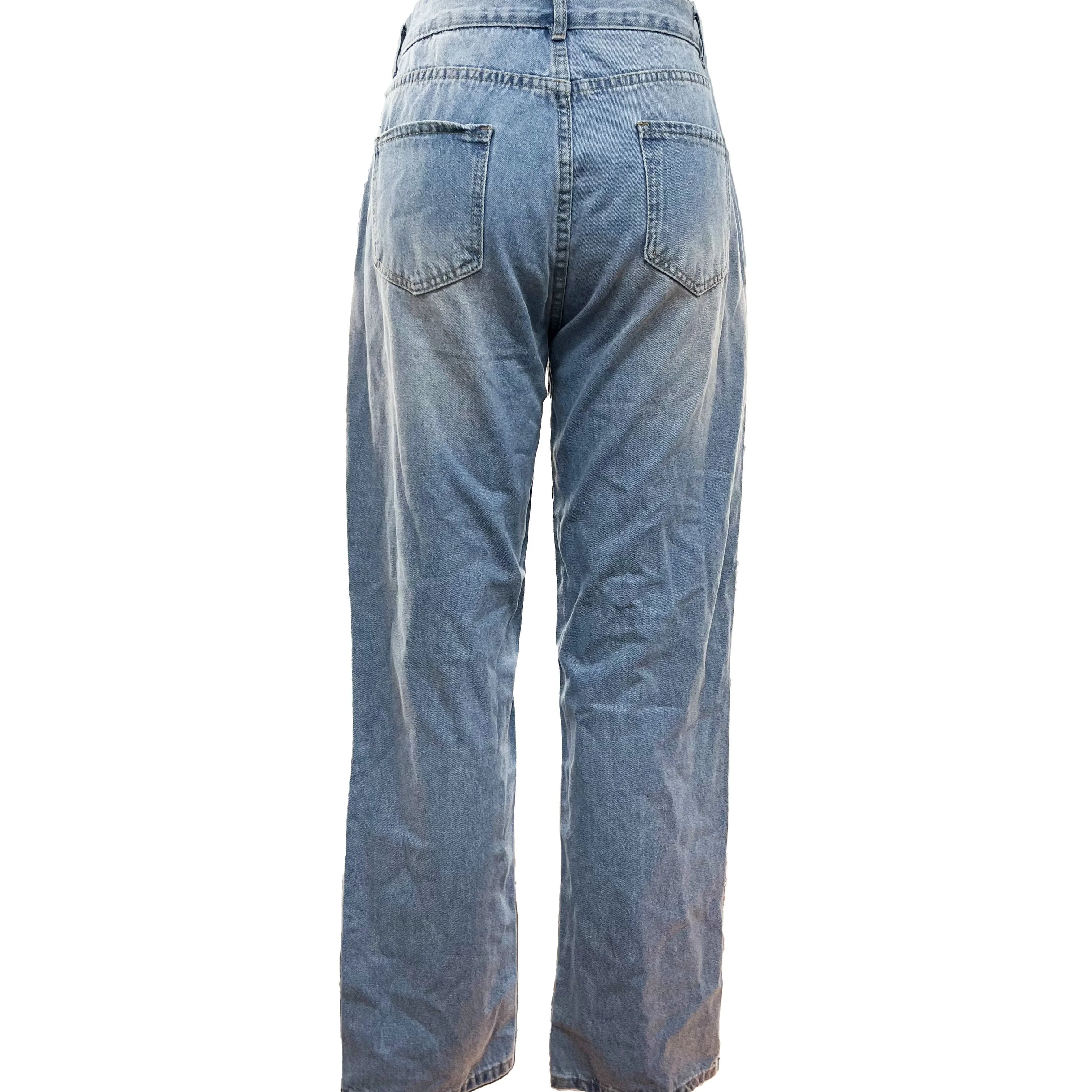Blue Ripped Holes Straight Jeans, Loose Fit Slant Pockets Casual Wide Legs Jeans, Women's Denim Jeans & Clothing