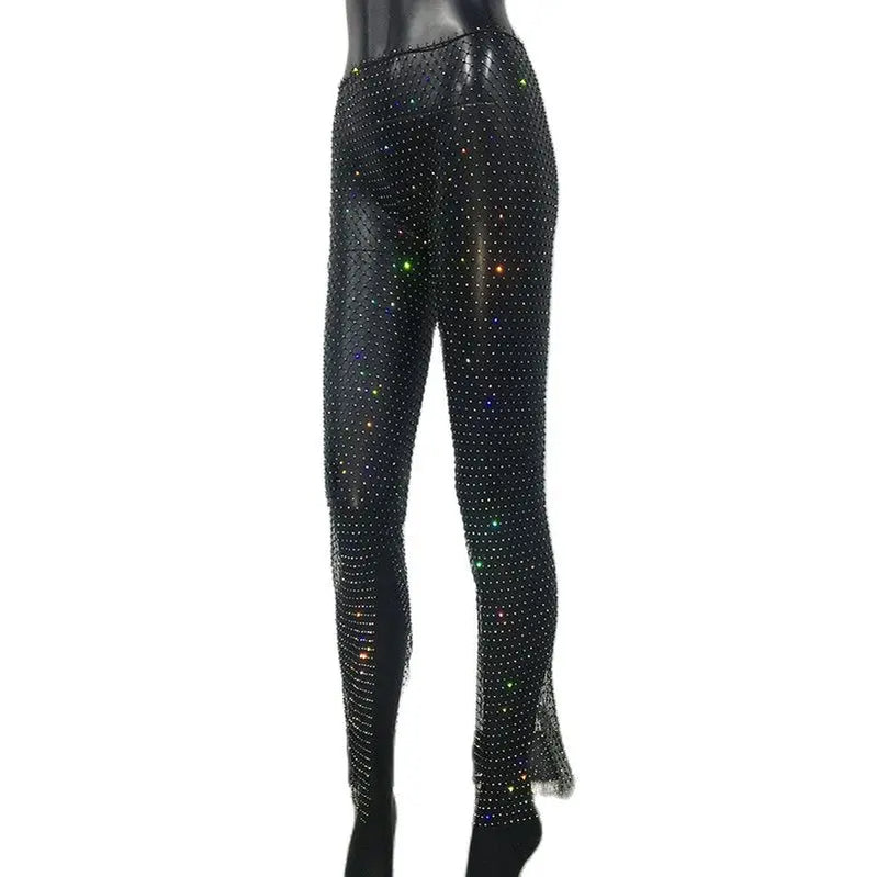 Bling Rhinestone See Through Fishnet Trousers For Women Sexy Mesh Hollow Out Side Split Long Bottoms Pants Club Party Trousers