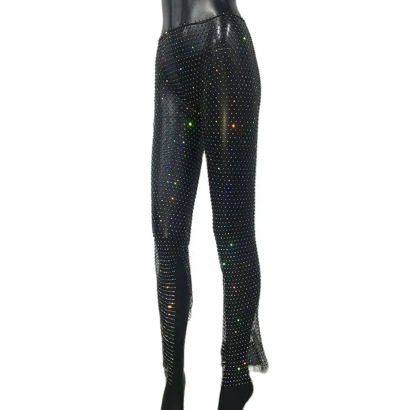 Bling Rhinestone See Through Fishnet Trousers For Women Sexy Mesh Hollow Out Side Split Long Bottoms Pants Club Party Trousers