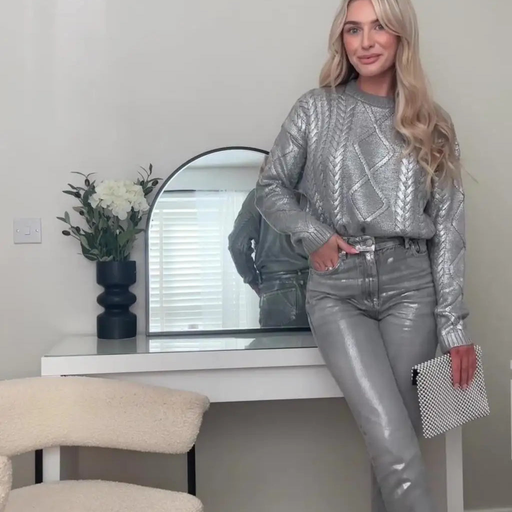 Women Chic Metallic Rib Trim Foil Hooded Sweater Casual Long Sleeve Drawstring Pullover Top Autumn Lady Elegant Sweatshirt