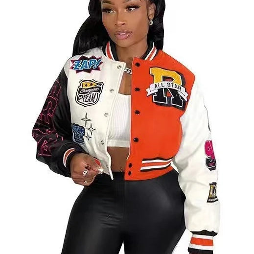 Overcoat Casual Letter Print Patchwork Jacket Round Neck Regular Fit Blazer Women Y2k Style Fall Coat Autumn Winter Short Jacket Orange