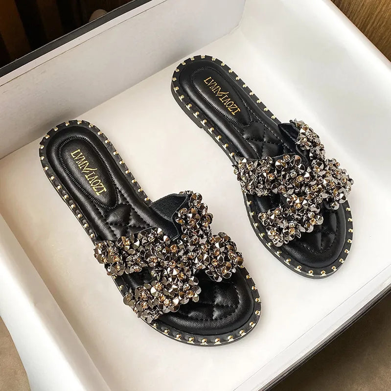 Classic Luxury Rhinestone Slippers for Women Wearing Fashion Summer Designer Sandals