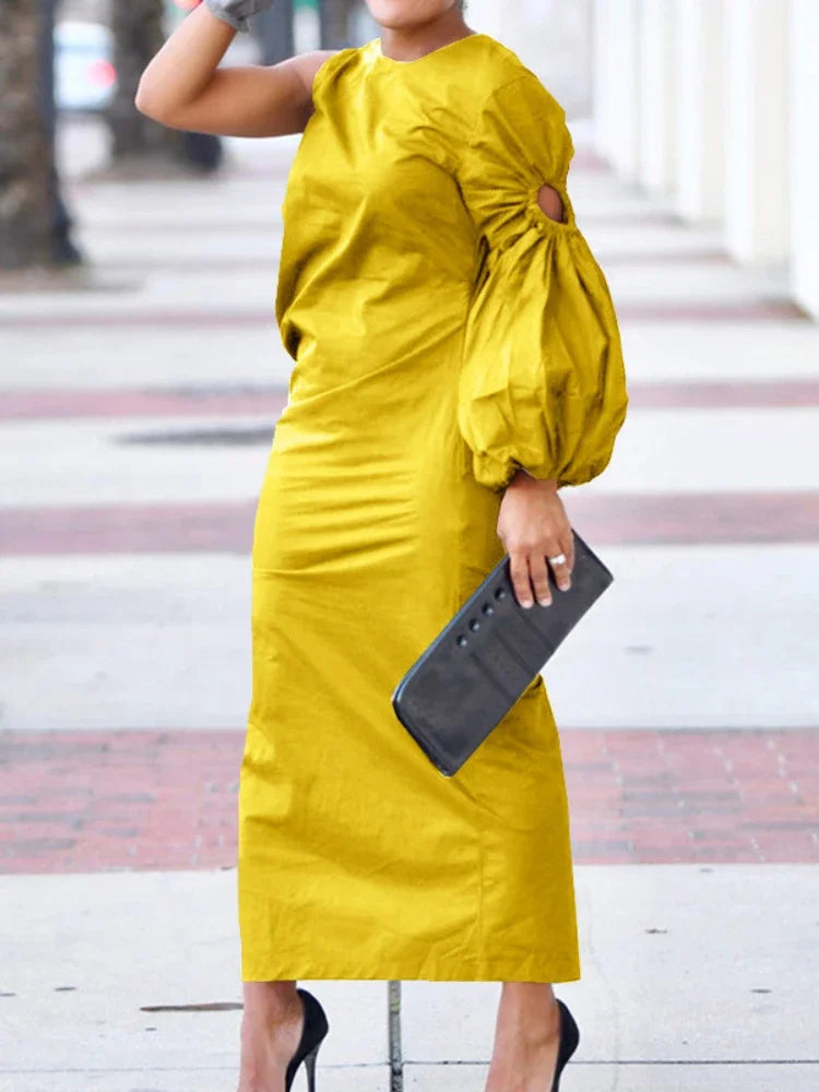 CM.YAYA Women Cutout One Long Sleeve Ruched Side Split Maxi Bodycon Midi Dress 2023 Winter Vintage Sexy Party Dresses Vestidos