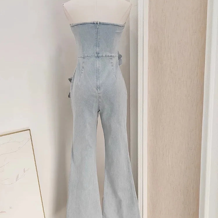 3D Appliques Flower Strapless Demin Jumpsuits For Women Off Shoulder Sleevelss Solid Color High Waist Full Length Overalls