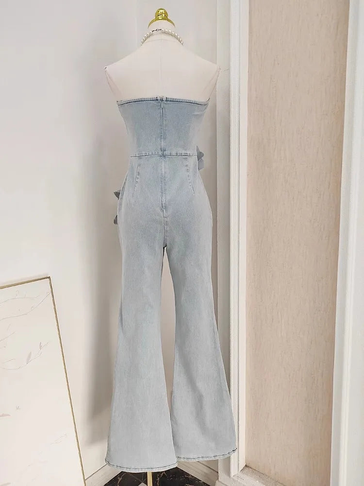 3D Appliques Flower Strapless Demin Jumpsuits For Women Off Shoulder Sleevelss Solid Color High Waist Full Length Overalls