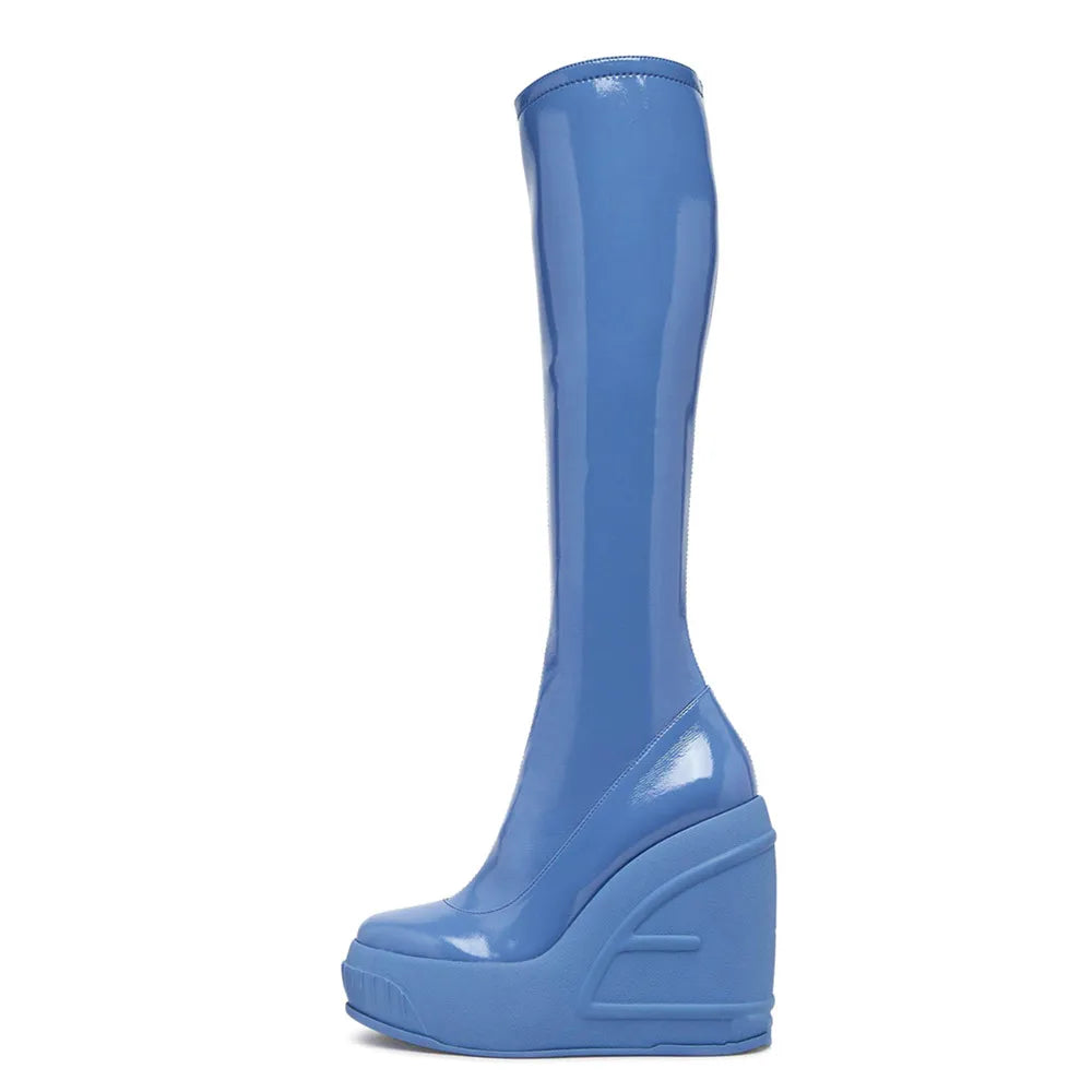 Spring New Slope Heel Thick Bottom Round Toe High Heel Boots Fashion Sexy Cross-border Women's Plus Size Knee-high Boots