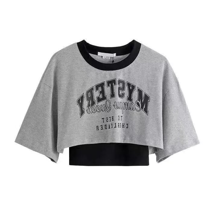 Korean Style Two-piece Patchwork Short Sleeved T-shirt with Ink Painting Wide Leg Pants Two-piece Female Student Pants Set gray t shirt