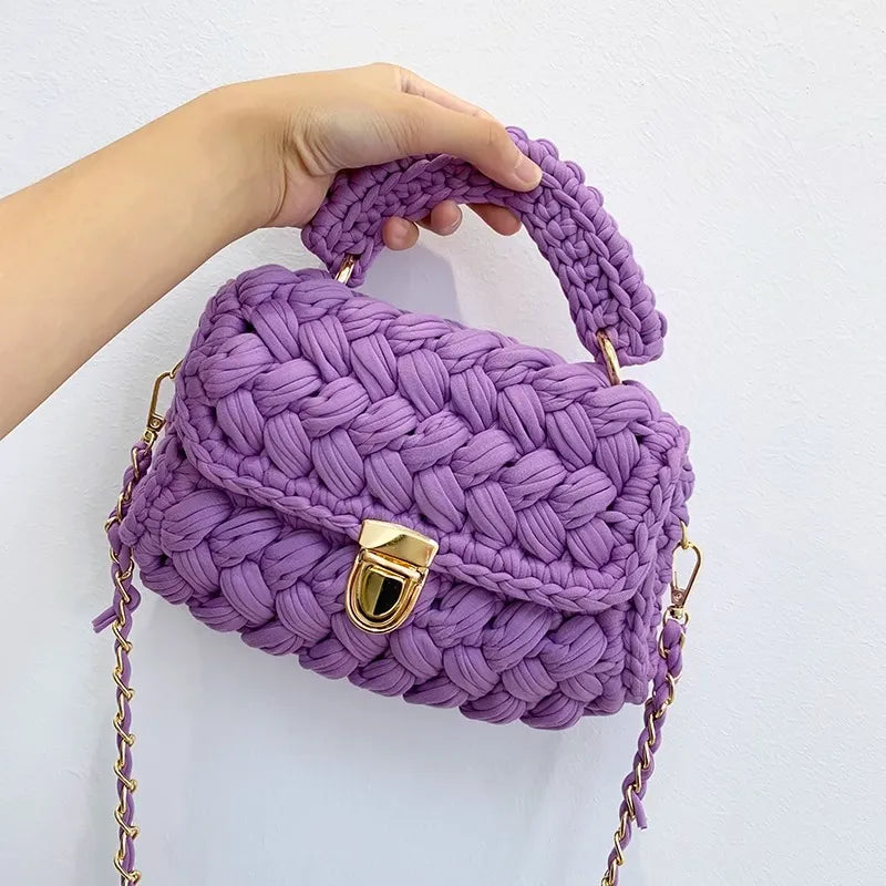 DIY Knitted Handbag Wallet Fashion Rope Woven Ladies Handbag Designer Casual Chain Shoulder Messenger Bag PURPLE