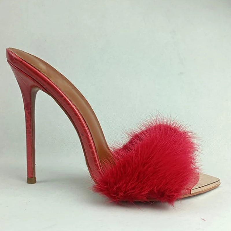 Summer Furry Mules Shoes Peep Toe Thin Heels Slippers Women Sxy Metal Decoration Pointed Toe Gladiator Sandals Party Stiletto
