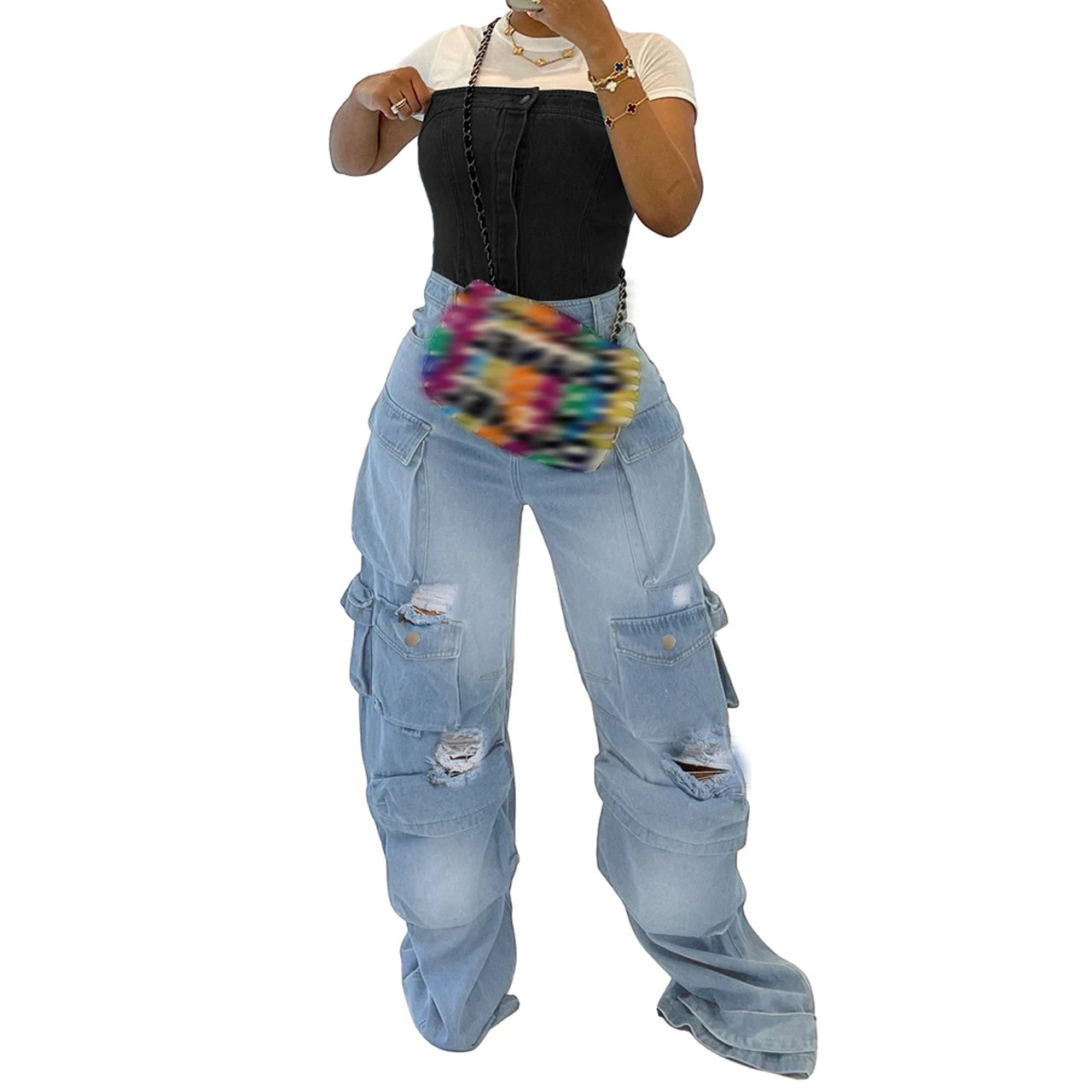 Autumn and winter plus size women's Y2K style cargo multi-pocket loose straight-leg ripped casual mopping jeans Blue