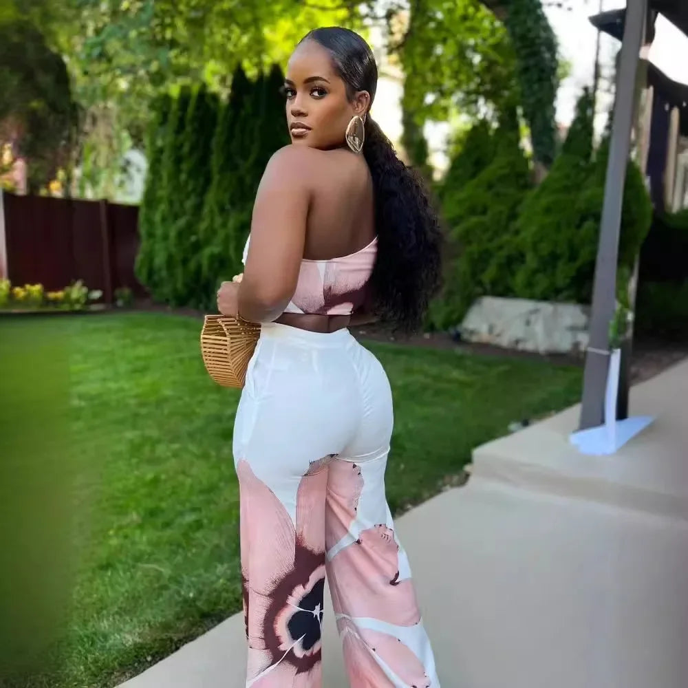 CM.YAYA Women Set Floral Print Sleeveless Skew Collar Tops +Wide Leg Pants Two 2 Piece Set Outfit 2024 Summer Street Tracksuit