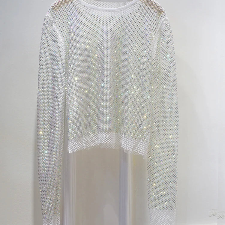 Ladies Temperament Rhinestone Round Neck Long Sleeve Bright Starlight Hollow Shiny Bottoming Shirt Women's Top Trend White One Size