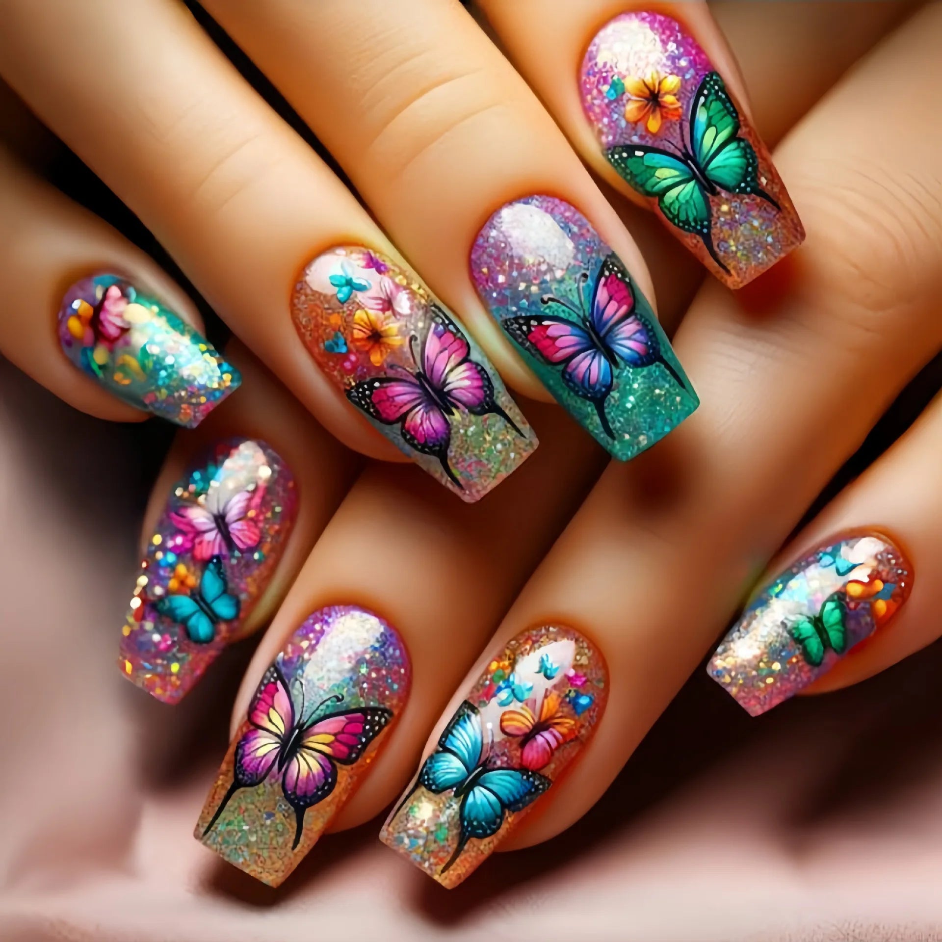 24Pcs Fashion French Fake Nails Colorful Glitter with Butterfly Patterns Medium Square False Nail Art Wearable Acrylic Nail Tips