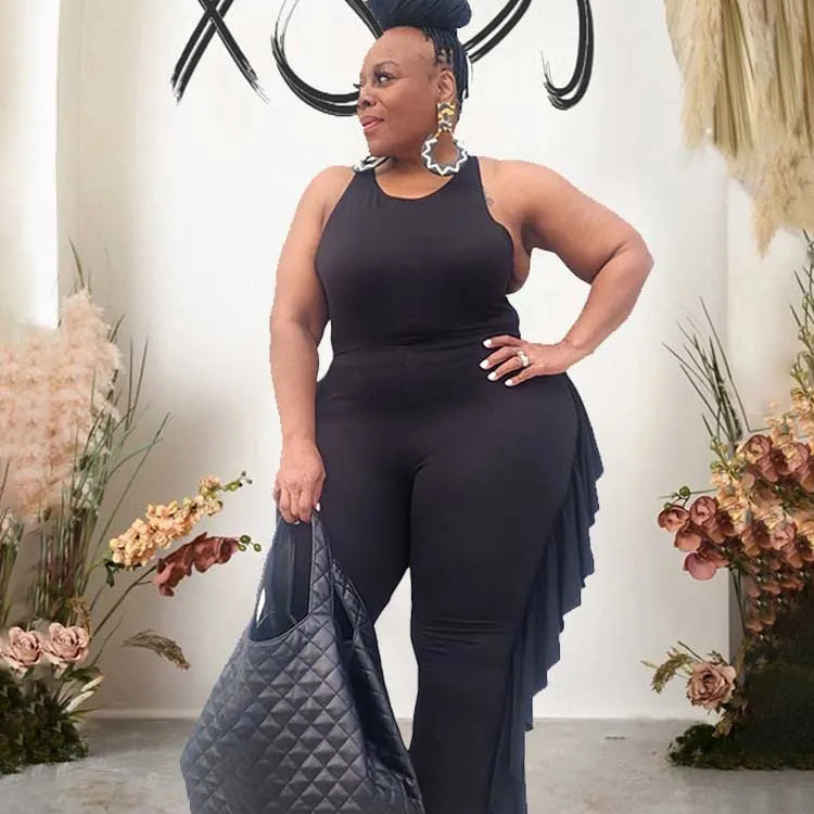 Style Plus Size Women Clothing Summer Two-piece Set Solid Color Tank Top Ruffle Pant Set Lady Trendy Suit Wholesale Dropshipping