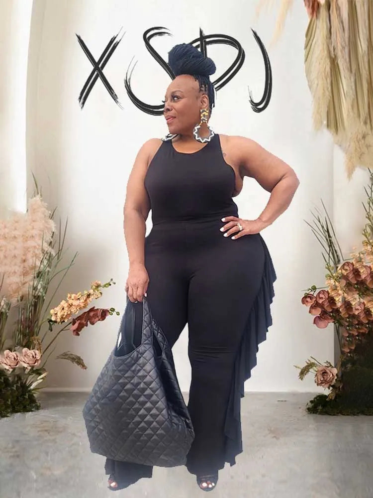 Style Plus Size Women Clothing Summer Two-piece Set Solid Color Tank Top Ruffle Pant Set Lady Trendy Suit Wholesale Dropshipping