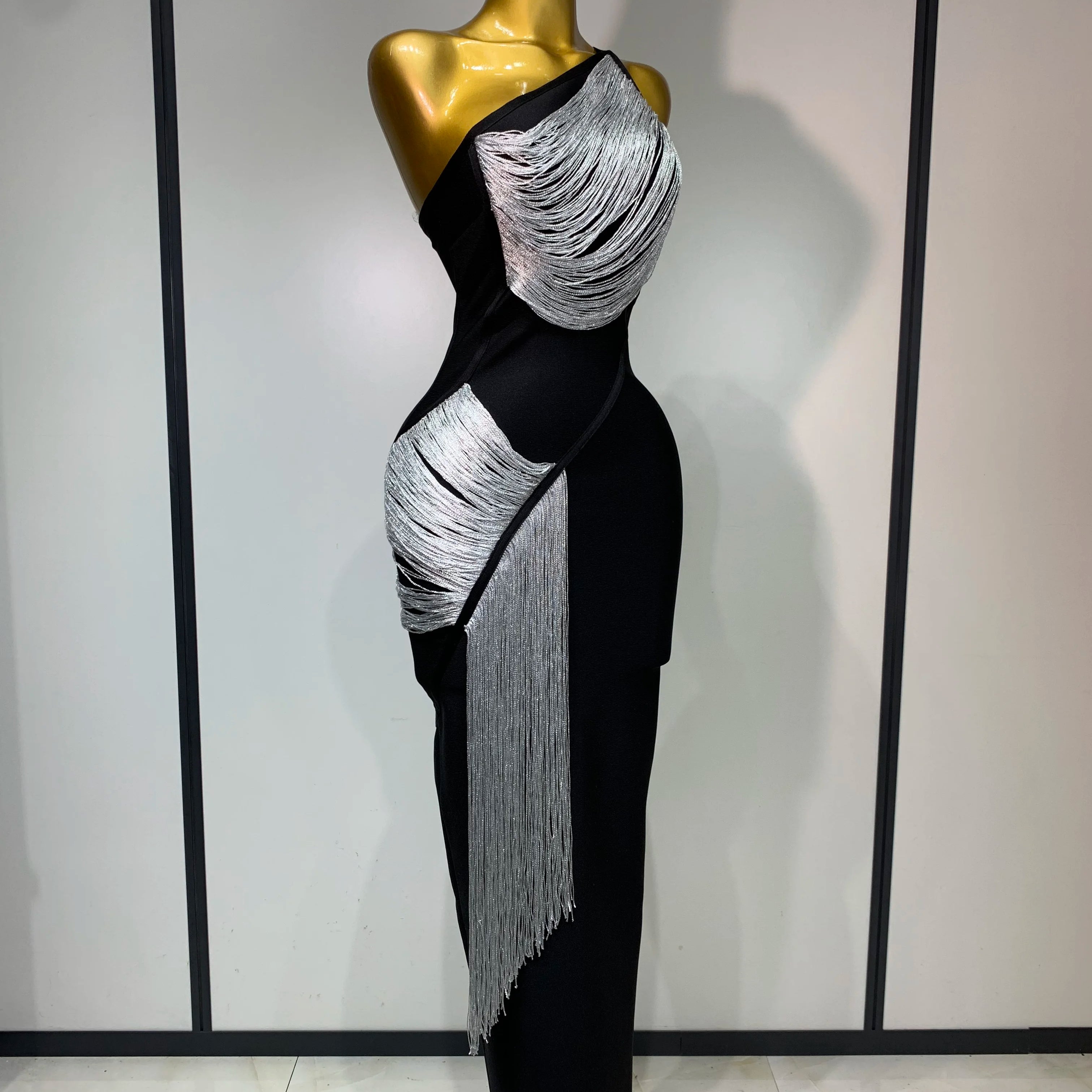 Women Sexy Slanted Collar Silver Tassel Bandage Dress Women Black Sleeveless Bodycon Dresses Evening Party Club Birthday Gowns