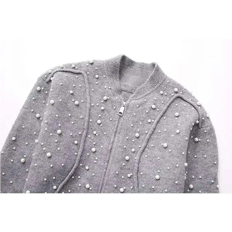 Artificial Pearls Cropped Jacket Women Knitted Coat Woman Long Sleeve Autumn Bomber Jackets For Women Short Coats