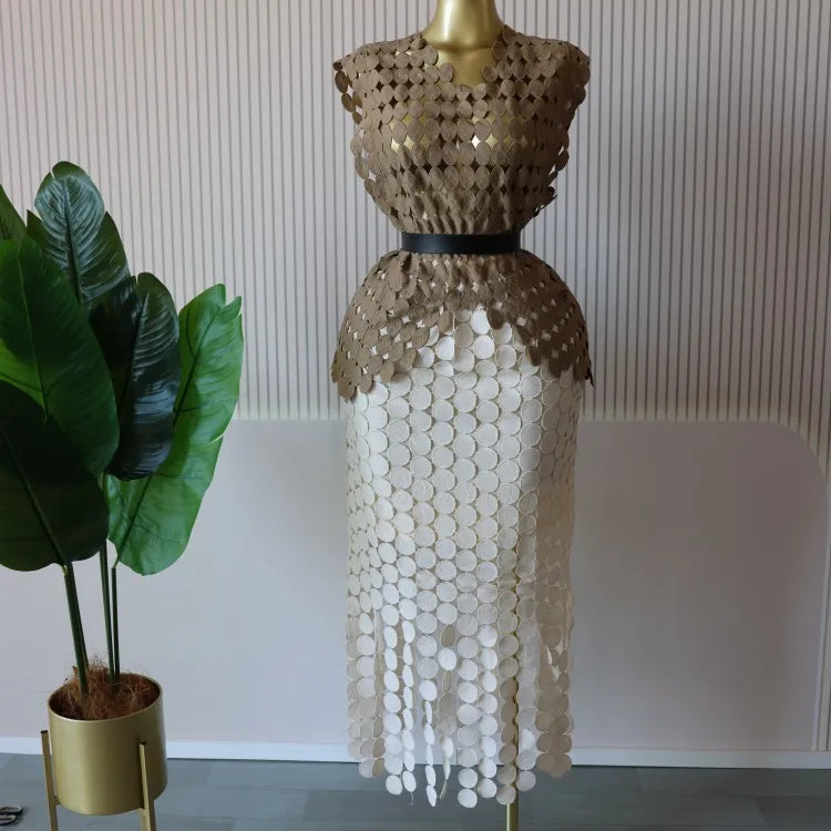 CM.YAYA Women Cutout O-neck Crop Top and Bodycon Midi Slim Maxi Long Skirt Suit 2025 Summer Vacation Sexy Two 2Piece Set Outfits Khaki-Apricot-belt One Size