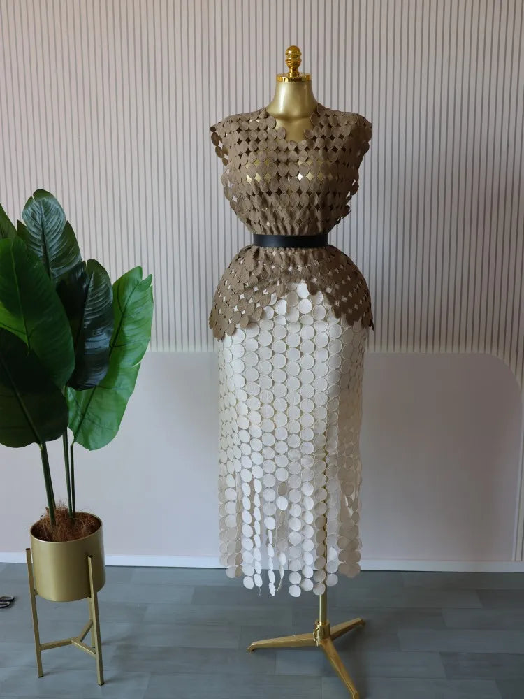 CM.YAYA Women Cutout O-neck Crop Top and Bodycon Midi Slim Maxi Long Skirt Suit 2025 Summer Vacation Sexy Two 2Piece Set Outfits Khaki-Apricot-belt One Size