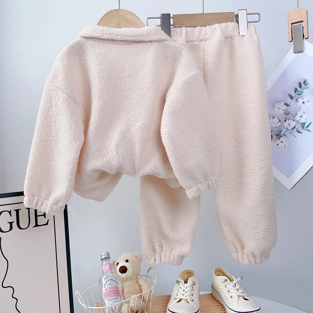 Bear Leader Girls' Set New Children's Autumn New Lamb Fleece Standing Collar Pullover Top+Pants Two Piece Kids' Fashion Set