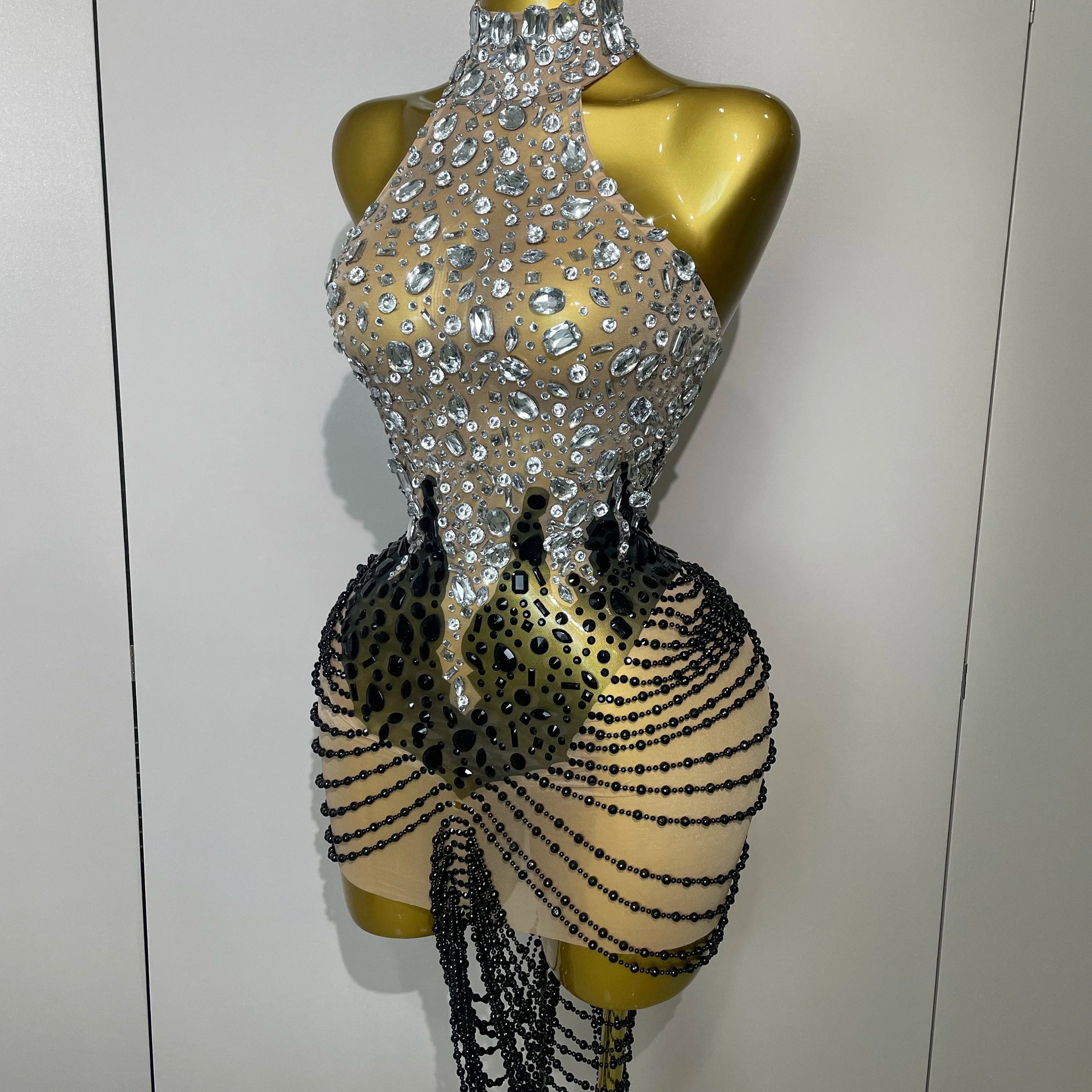 STOCK Sparkly Crystals Beading Short Dress 2025 Women Sexy Mesh Backless Evening Prom Celebrate Birthday Dress Photo Shoot Wear