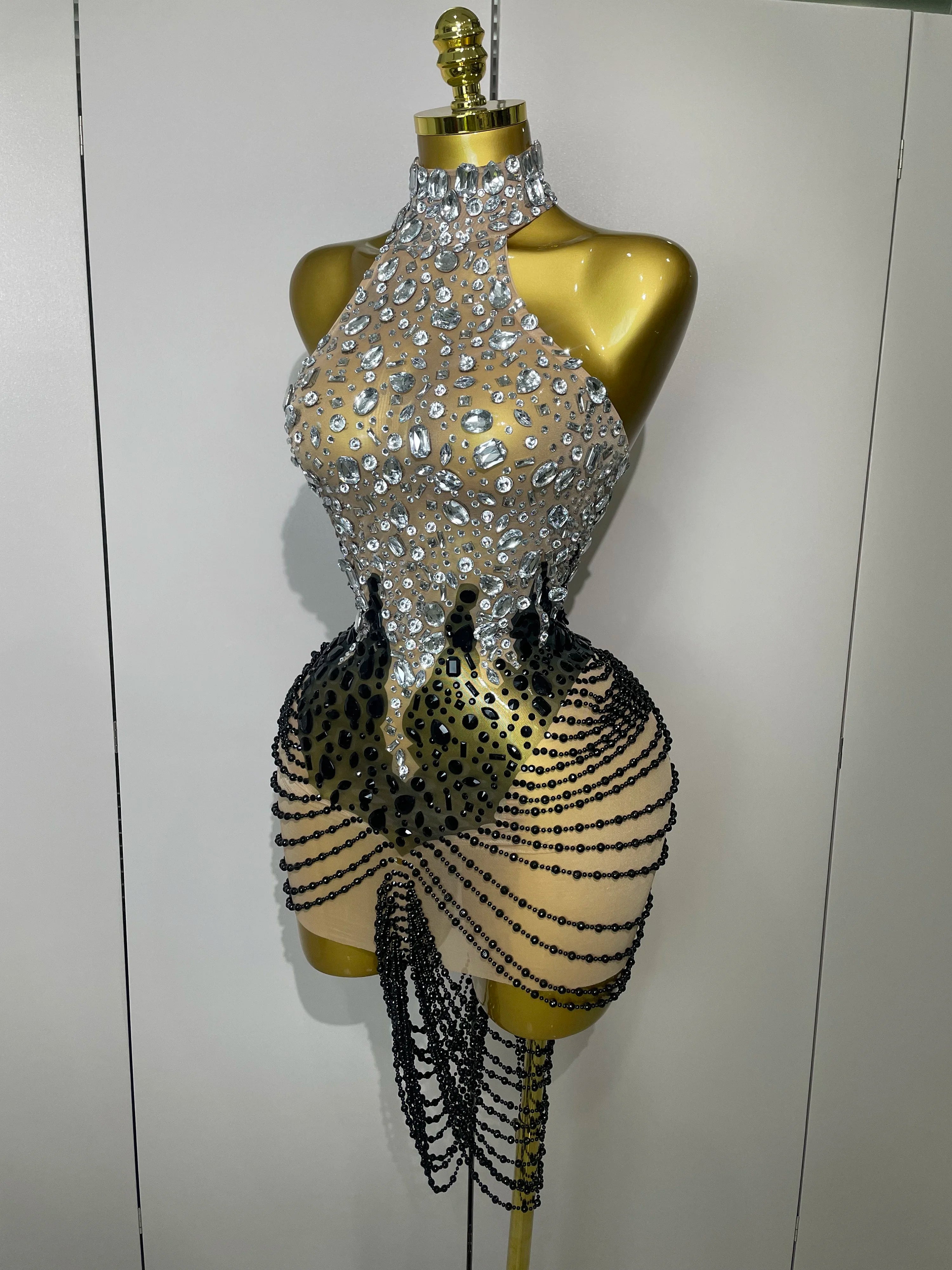 STOCK Sparkly Crystals Beading Short Dress 2025 Women Sexy Mesh Backless Evening Prom Celebrate Birthday Dress Photo Shoot Wear