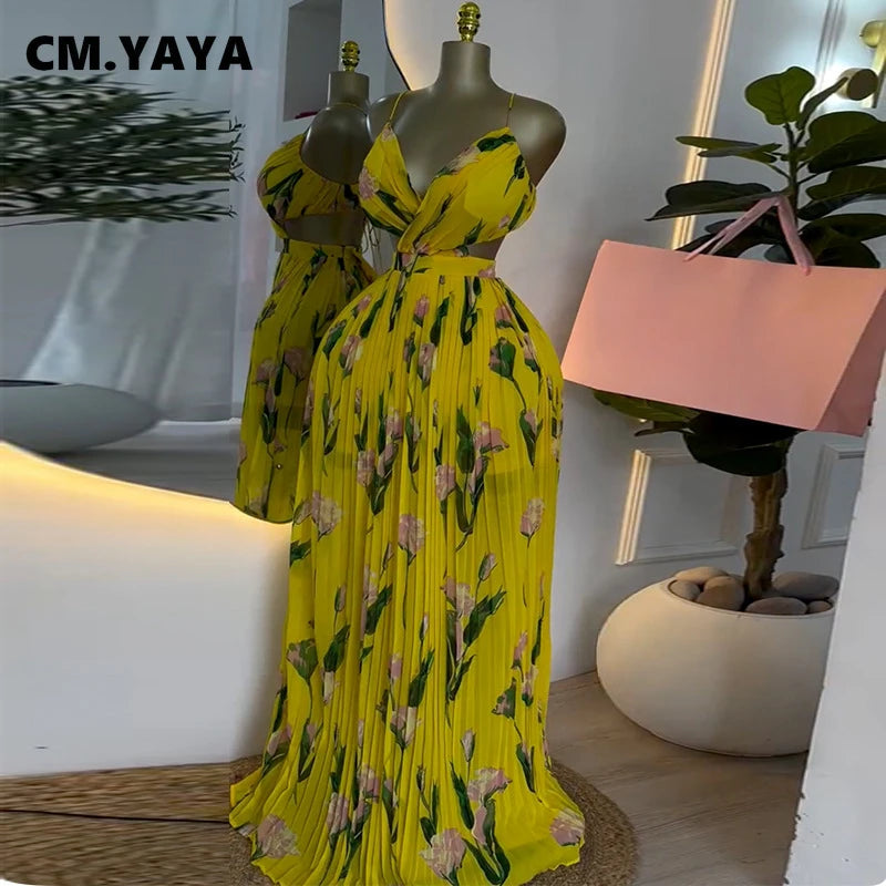CM.YAYA Elegant Floral Print Sleeveless Sweet Strapless Floor-Length Long Women Dress Beach Party Birthday Sexy Pleated Dresses