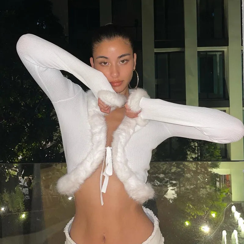 Women's Y2k Cropped Cardigan Sweater Long Sleeve V-Neck Faux Fur Trim Tie-up Crop Top Open Front Knitted Coat Vintage Streetwear