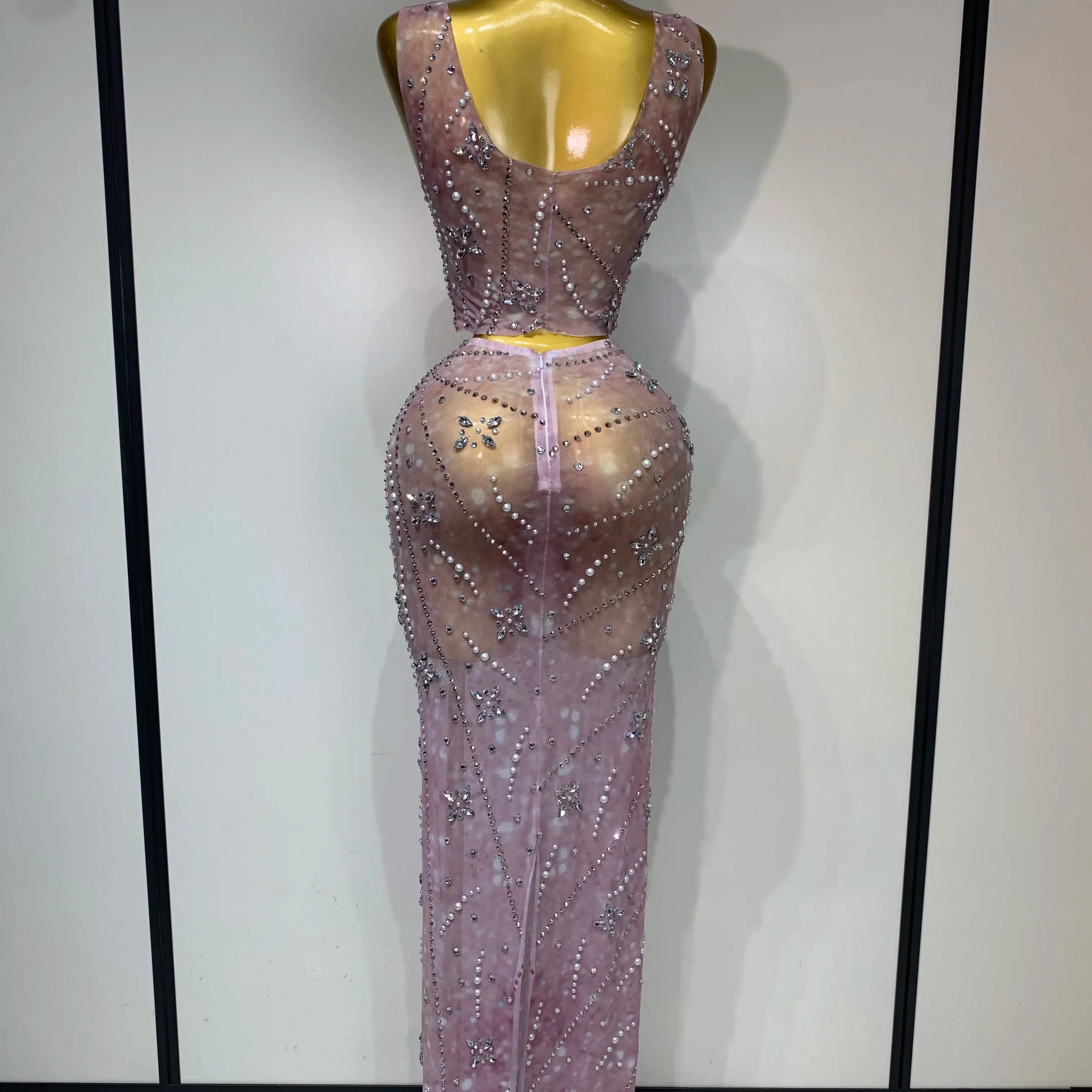 Women Sexy Two Pieces Set Celebrity Luxury Rhinestone Nightclub Skirt Suits Singer Dancer Stage Costume Evening Club Party Gowns