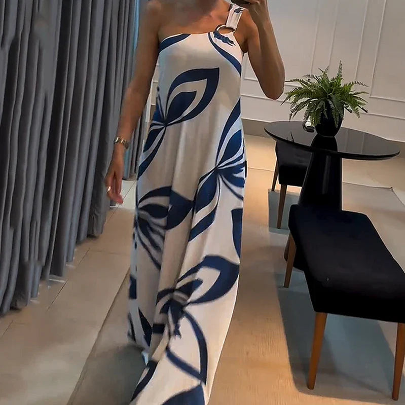 Ellafads Long Dress Women Casual Simple Printed One Shoulder Strap Sleeveless Loose Summer Holiday Beach Maxi Dresses Streetwear