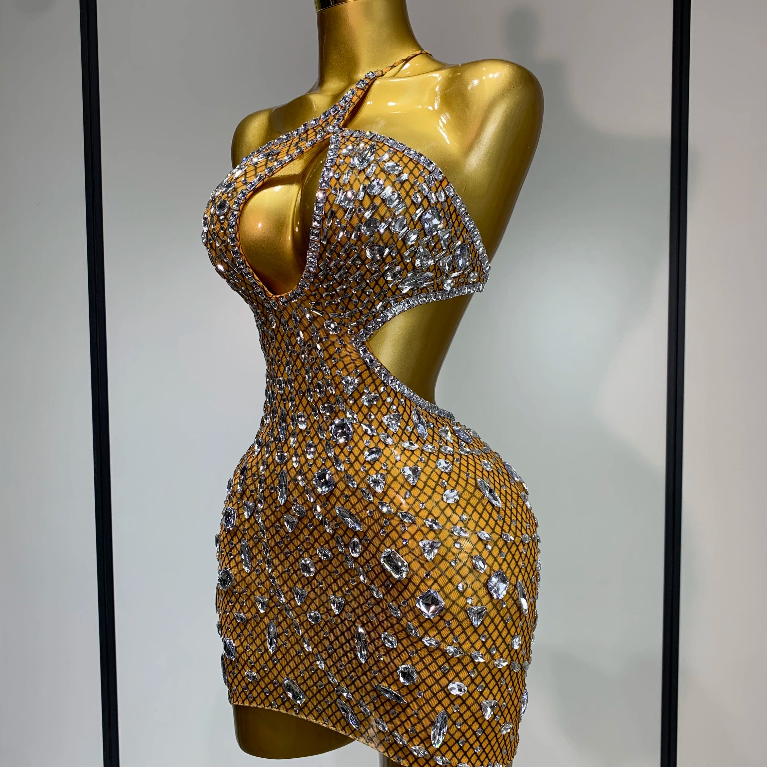 Sparkly Rhinestones Backless Mini Dress Women Sexy Mesh Transparent Celebrate Evening Birthday Dress Photo Shoot Stage Wear