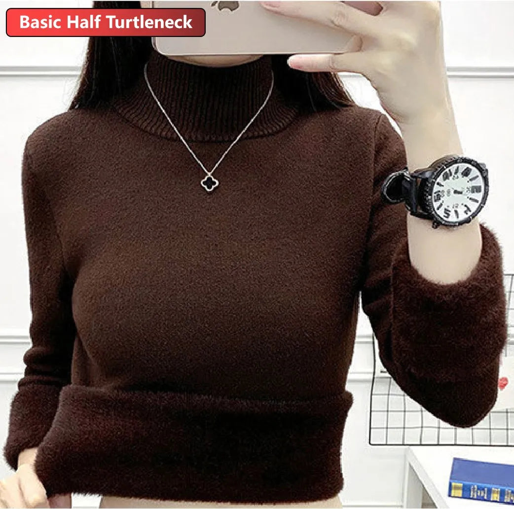 Turtleneck Winter Sweater Women Elegant Thicken Velvet Lined Warm Sueter Knitted Pullover Slim Tops Jersey Knitwear Jumper New HT brown