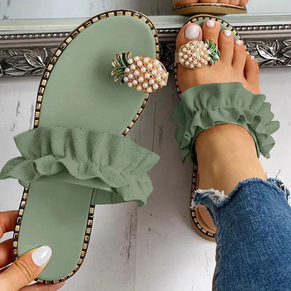 Women Slipper Pineapple Pearl Flat Toe Bohemian Summer Beach Sandals Ladies Shoes plus size Mujer Verano green