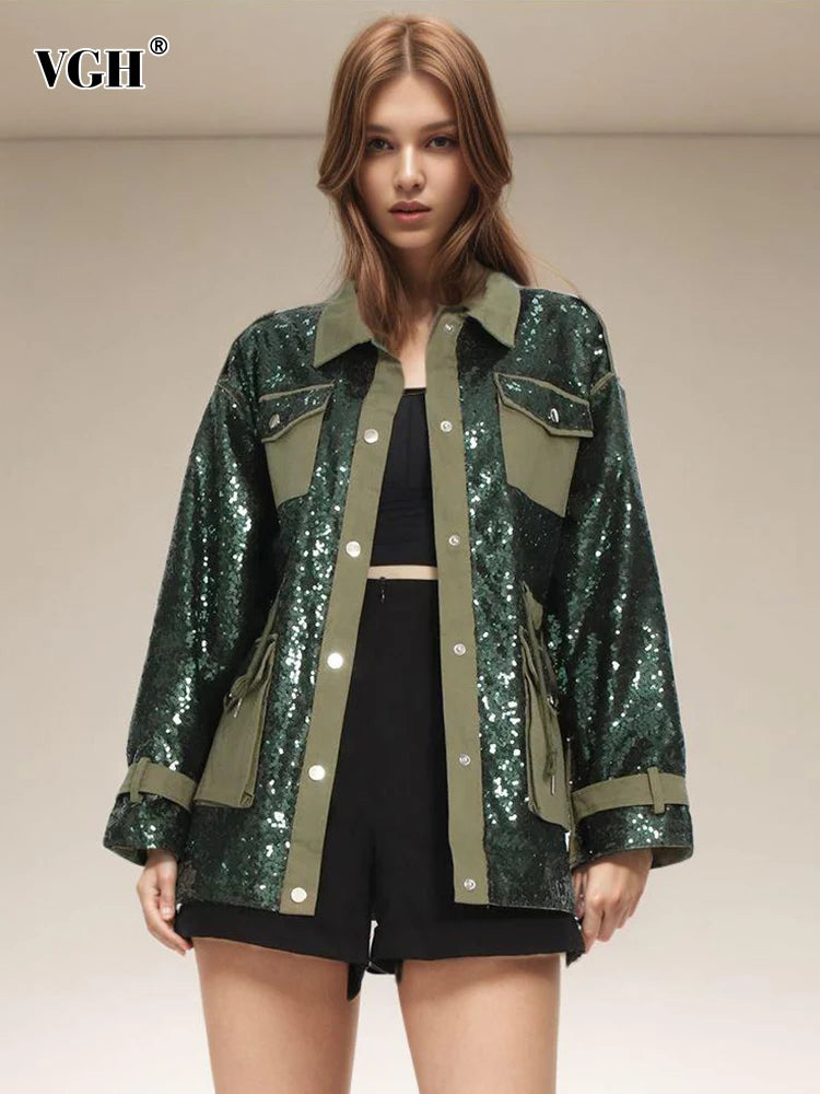 Patchwork Sequins Casual Loose Coats For Women Lapel Long Sleeve Spliced Pockets Colorblock Streetwear Coat Female Fashion