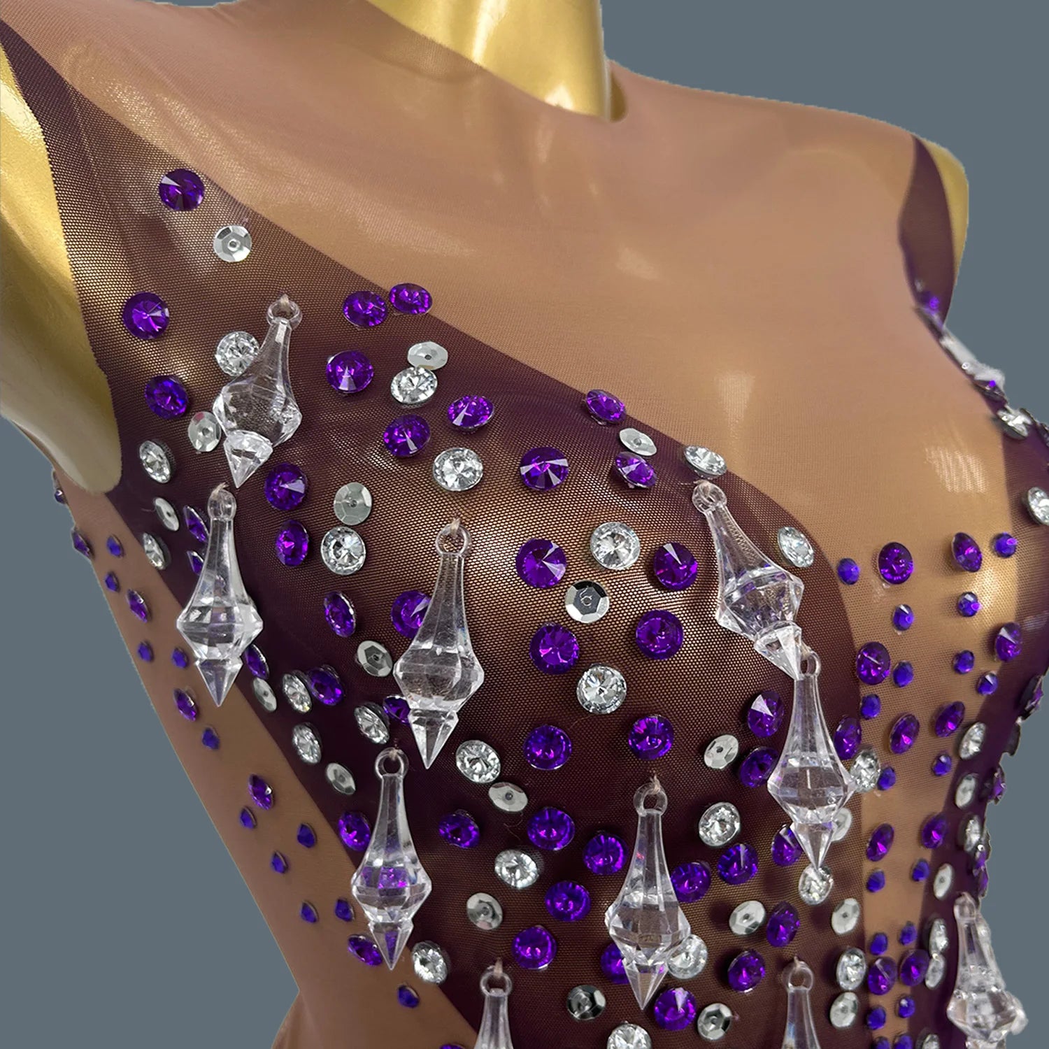 Purple Chic Dress Shine Rhinestone Crystals Sheer Mesh Hot Mini Dress Celebrate Party Wear Sheath Dress See Through Dress Shizhu