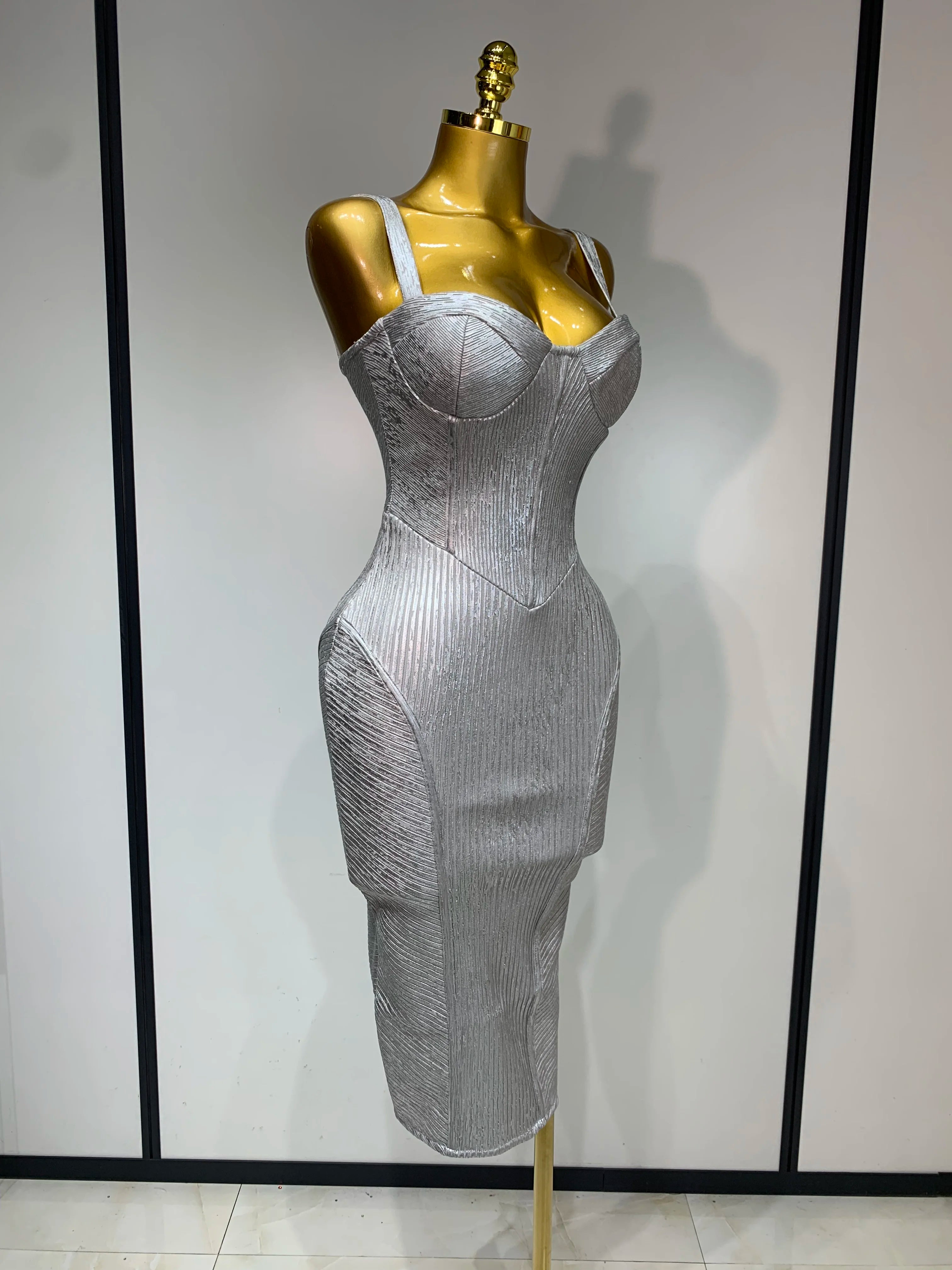 Women Sleeveless Sexy Silver V Neck Bodycon Midi Bandage Dress Celebrate Nightclub Party Birthday Dress Wedding Guest Dress